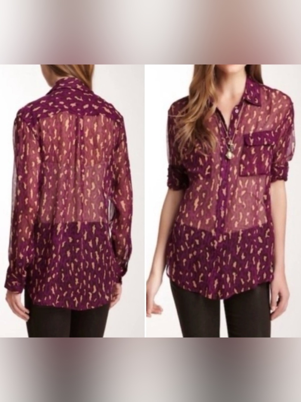 EQIPMENT FEMME Women’s Purple Leopard Print SOPHIE Silk Blouse Button Up Size S.